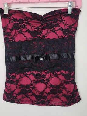Belinda Design Strapless Lace Overlay Bustier Top Hot Pink Black Sz Large Corset